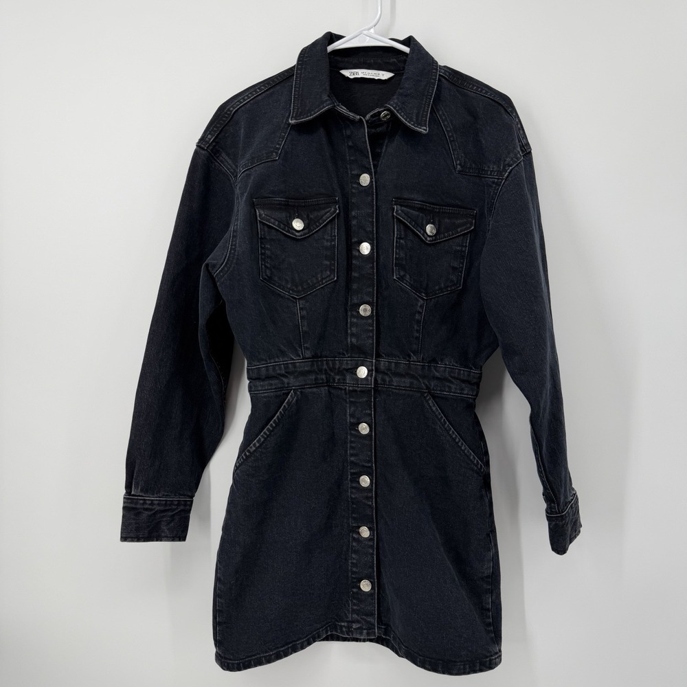 ZARA Black Denim Mini Dress Womens Size Small‎ Button Front Long Sleeve